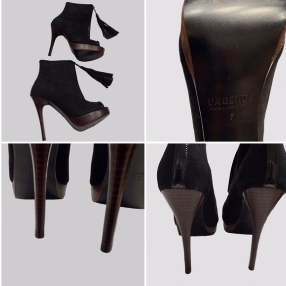 L’AGENCE BLACK SUEDE STILETTO ANKLE BOOT WITH FRONT ZIPPER CLOSURE AND TUSSLE - Picture 6 of 16